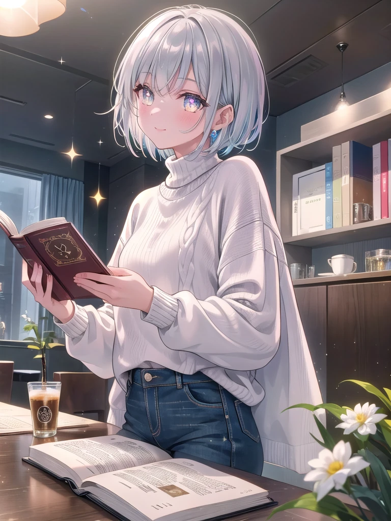 ((8k, best quality, master piece: 1.3)),super high resolution,(1 girl, solo), (colorshift eyes, hyperdetailed, expressive sparkling, glitter, glowing eyes), ultra detailed eyes, ultra-detailed face, random hair, ((pastel color)),He is reading a book in a stylish reading cafe. A coffee cup is placed on the table in a quiet and calm atmosphere. He has short silver hair, a casual sweater and jeans. He is engrossed in his book and has a gentle smile on his face, A high-tech scene with silver light reflections bouncing off metallic surfaces. The main subject is surrounded by reflective objects that catch and scatter the light, creating a sleek and polished look. The lighting is bright and sharp, accentuating the modern and sophisticated elements of the scene.