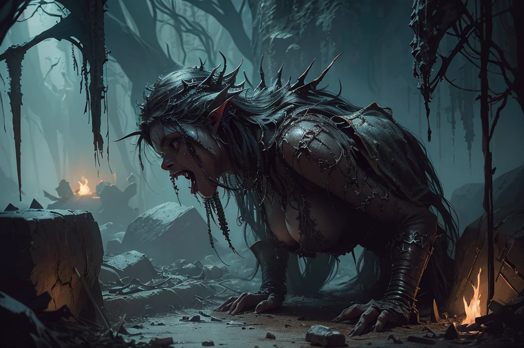 "(by Greg Rutkowski: 1.2), (masterpiece), (best quality), extremely delicate and beautiful, illustration, (fantasy landscape), A mesmerizing fantasy landscape with enchanting elements blending seamlessly. (dungeon full of screaming prisoners got tortured), (adorned with spooky atmosphere surrounded with bloods). A sense of dark and horror fills the air, inviting exploration and discovery, depth of field, HDR, intricate, delicate"