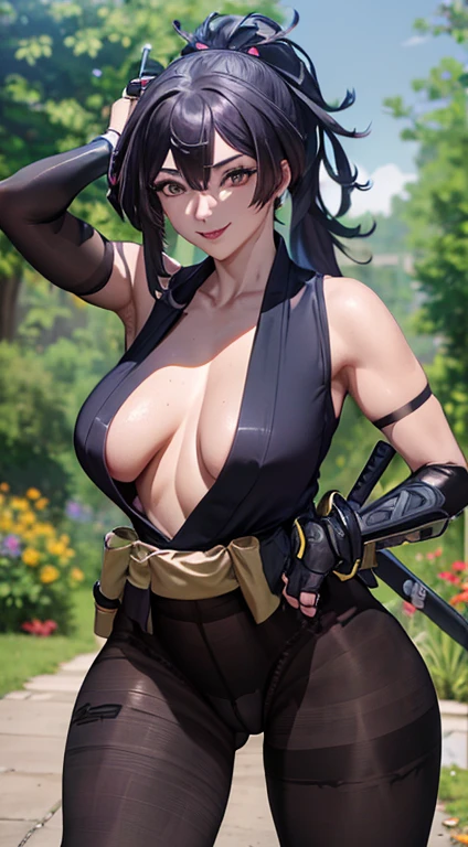 Masterpiece, 4k, award-winning photos, extremely detailed, amazing, fine details, ridiculous, highly detailed woman, extremely detailed eyes and face, (female ninja: 1.6), long untied hair, pinched eyes, big , thick thighs, (dark black pantyhose: 1.6), smile