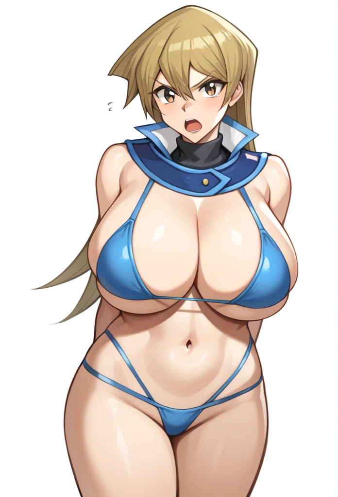 score_9,score_8_up,score_7_up,1girl, arm_behind_back, blonde_hair, brown_eyes, cropped_torso, microbikini, hair_between_eyes, highres, huge_breasts, simple_background, sketch, solo, straight_hair, tenjouin_asuka, turtleneck, very_long_hair, white_background,  huge , big breast, sexy, sexy legs, angry, open mouth, blue bikini, with a fat man