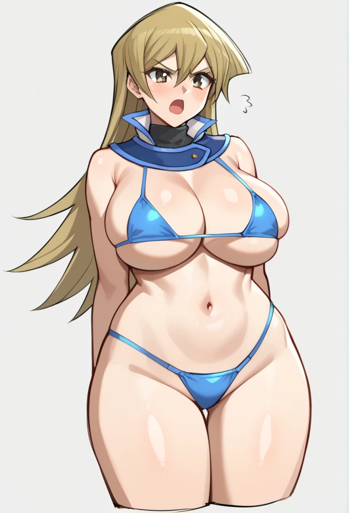 score_9,score_8_up,score_7_up,1girl, arm_behind_back, blonde_hair, brown_eyes, cropped_torso, microbikini, hair_between_eyes, highres, huge_breasts, simple_background, sketch, solo, straight_hair, tenjouin_asuka, turtleneck, very_long_hair, white_background,  huge , big breast, sexy, sexy legs, angry, open mouth, blue bikini, with a fat man