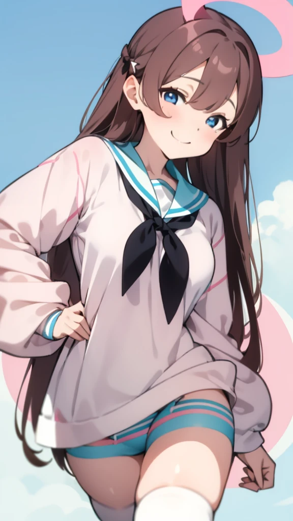 A woman with brown hair, bikini, girl,  sailor uniform , wearing a pink and white sailor suit, blue eyes, racing girl, Du Qiong, smile, gentle, covering one eye, light blue eyes, hairpin, halodon't have excessive composition problems, masterpiece, perfect composition, fine characterization black stockings