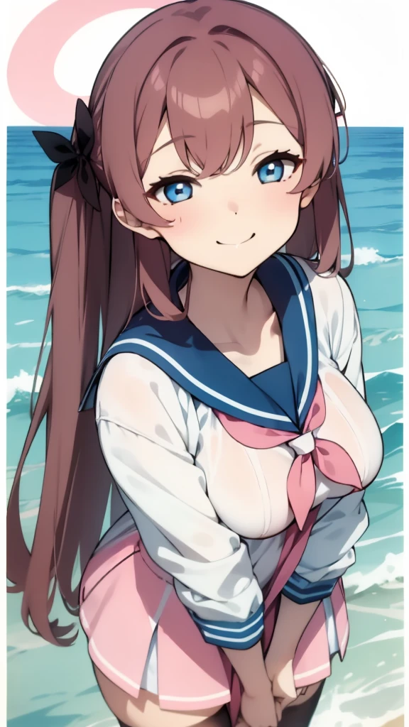 A woman with brown hair, bikini, girl,  sailor uniform , wearing a pink and white sailor suit, blue eyes, racing girl, Du Qiong, smile, gentle, covering one eye, light blue eyes, hairpin, halodon't have excessive composition problems, masterpiece, perfect composition, fine characterization black stockings