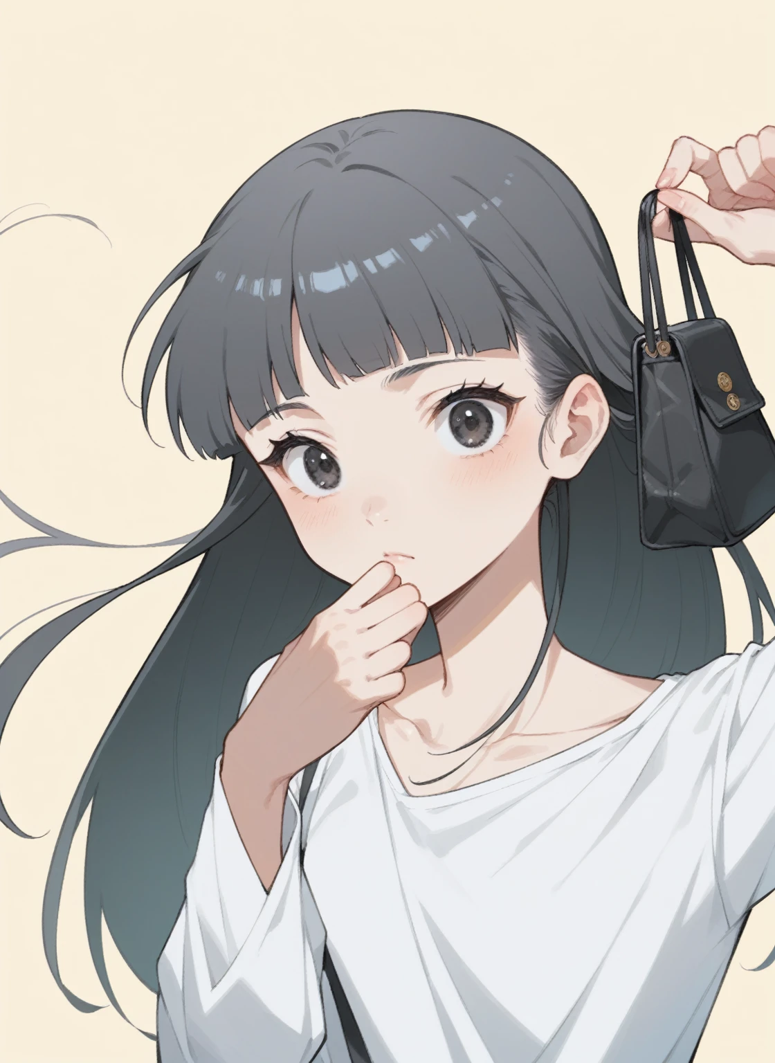 anime girl with long black hair and white shirt holding a black purse, anime moe artstyle, flat anime style shading, anime visual of a cute girl, in an anime style, style of junji ito, in anime style, anime portrait of shiina ringo, vector shaded anime, cel shaded anime, junji ito 4 k, anime girl with long hair