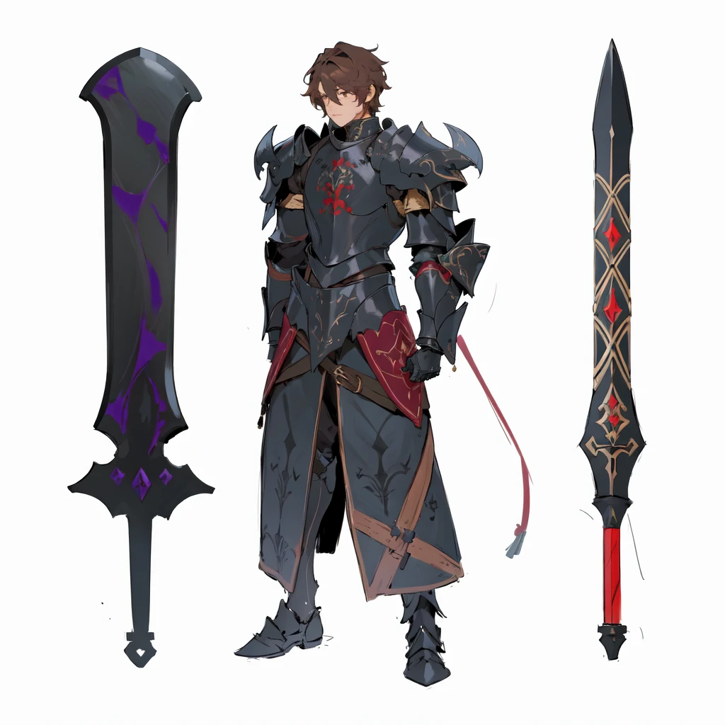 masterpiece,best quality,1 black knight wearing ebony armor,\(herrscher of finality\),brown hair,solo,full body, besides two black iron great swords filled with details, + +,tight black,(((dark armor set))),((fantasy character)), anime character sheet