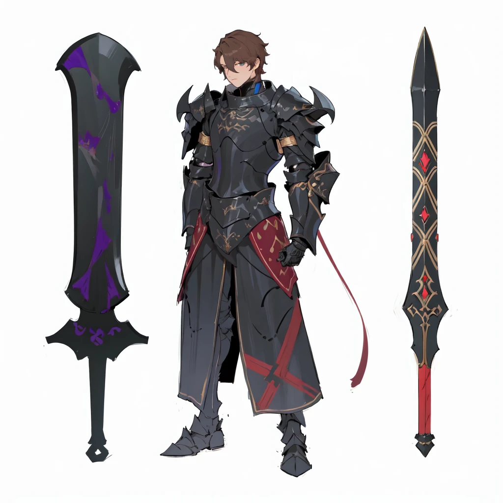 masterpiece,best quality,1 black knight wearing ebony armor,\(herrscher of finality\),brown hair,solo,full body, besides two black iron great swords filled with details, + +,tight black,(((dark armor set))),((fantasy character)), anime character sheet
