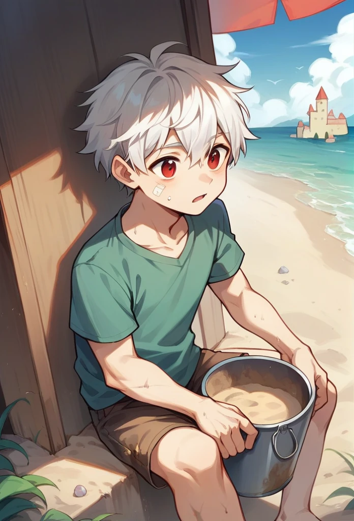 A boy with red eyes and white hair,the boy wears cute, dirt-stained shorts, he is on the beach with a bucket and sand with a sticky sandcastle.