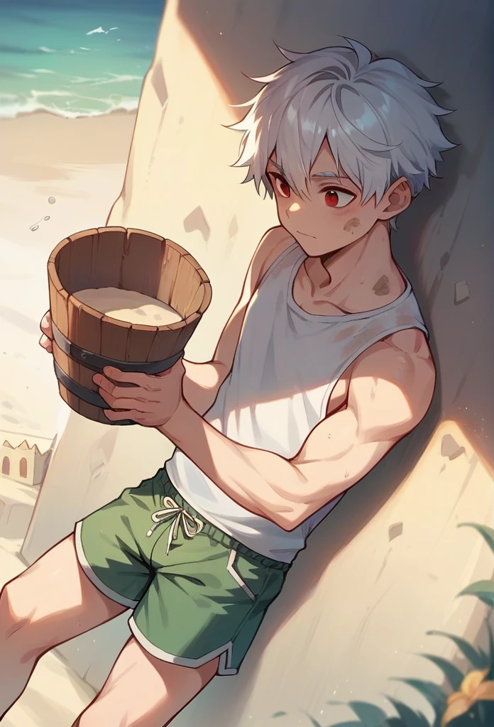 A boy with red eyes and white hair,the boy wears cute, dirt-stained shorts, he is on the beach with a bucket and sand with a sticky sandcastle.