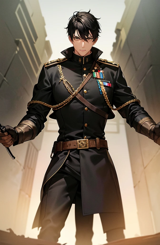 Content: A man in a black military outfit holding a sword. He has black skin, spikey black hair, green eyes, and scars on his face, giving him a rugged and battle-hardened appearance.

Medium: Digital art, character illustration.

Style: Inspired by detailed character designs, incorporating fine line work and rich textures. The military outfit has a historical medieval twist with elements of tactical gear, reflecting a fusion of past and present aesthetics.

Lighting: Dramatic lighting with strong contrasts to highlight his muscular frame, facial scars, and the details of his medieval-style and tactical uniform. Shadows add depth and intensity to his appearance.

Colours: A predominantly black palette for the uniform, with subtle highlights and shadows to emphasize the texture and material. The green of his eyes stands out against the darker tones, adding a striking focal point.

Composition: A full-body shot with a 50mm lens, capturing the man’s imposing figure and confident stance. The background is minimalist, ensuring the focus remains on his detailed design and powerful presence.