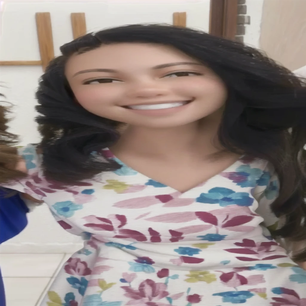 The woman in the photo has light brown skin and her hair is loose, falling over her shoulders. Her smile is wide and she appears to be looking directly into the camera. The dress she is wearing has a V-neck and short sleeves. The floral prints are well distributed throughout the fabric, giving a cheerful and relaxed look. In the background, in addition to the paintings, there is a wooden door and a wall with white tiles. She is accompanied by other people, but only parts of their shoulders are visible on the sides of the photo.
