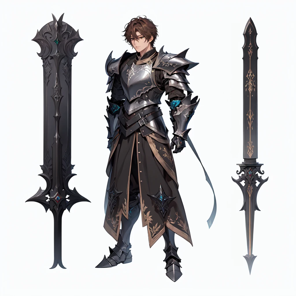 masterpiece,best quality,1 black knight wearing ebony armor,\(herrscher of finality\),brown hair,solo,full body, besides two black iron great swords filled with details,+ +,tight black,(((dark armor set))),((fantasy character)), anime character sheet
