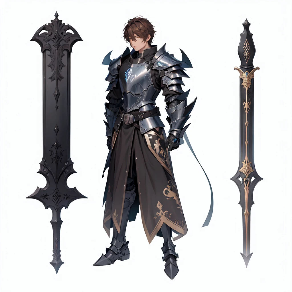 masterpiece,best quality,1 black knight wearing ebony armor,\(herrscher of finality\),brown hair,solo,full body, besides two black iron great swords filled with details,+ +,tight black,(((dark armor set))),((fantasy character)), anime character sheet
