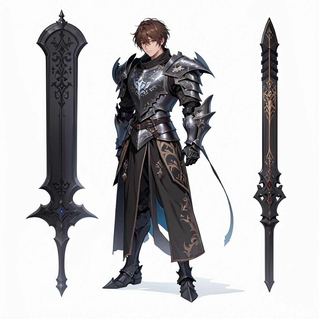 masterpiece,best quality,1 black knight wearing ebony armor,\(herrscher of finality\),brown hair,solo,full body, besides two black iron great swords filled with details,+ +,tight black,(((dark armor set))),((fantasy character)), anime character sheet
