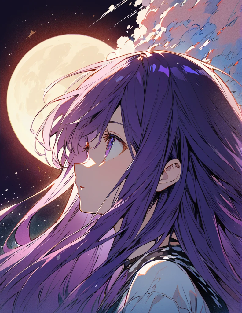 Profile of a brave purple-haired long-haired girl, side boob exposed Screentone processing Looking up at the moon Shaded painting style