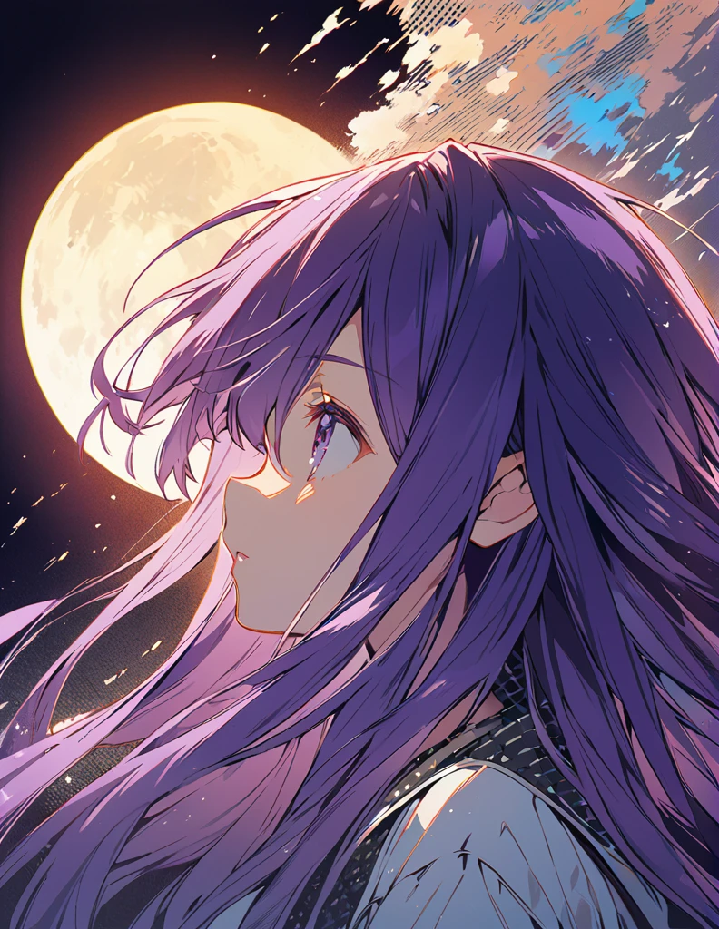 Profile of a brave purple-haired long-haired girl, side boob exposed Screentone processing Looking up at the moon Shaded painting style