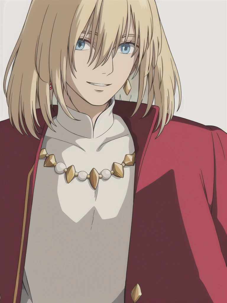 ghibli style, howl \(howl no ugoku shiro\),
1boy, bangs, blonde hair, blouse, blue eyes, coat, crystal earrings, earrings, hair between eyes, jewelry, long sleeves, looking at viewer, male focus, medium hair, necklace, parted lips, red coat, shirt, smile, solo, white background, white shirt
, ((masterpiece))