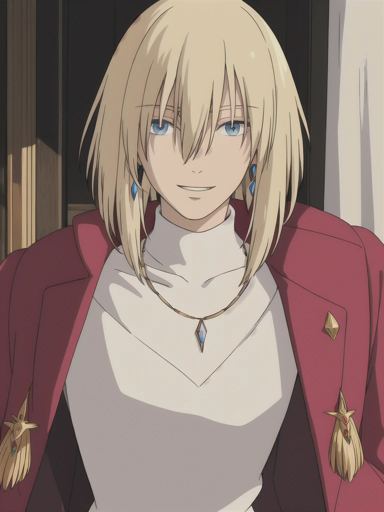 ghibli style, howl \(howl no ugoku shiro\),
1boy, bangs, blonde hair, blouse, blue eyes, coat, crystal earrings, earrings, hair between eyes, jewelry, long sleeves, looking at viewer, male focus, medium hair, necklace, parted lips, red coat, shirt, smile, solo, white background, white shirt

, ((masterpiece))
