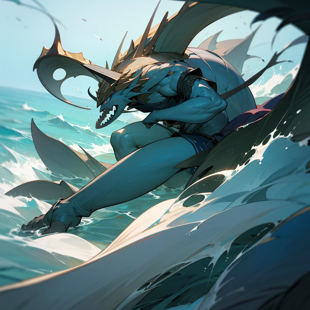 high resolution、A warrior inspired by the sea。Fighting bravely。Triton is the guardian of the sea。
Holding Triton&#39;s trident。