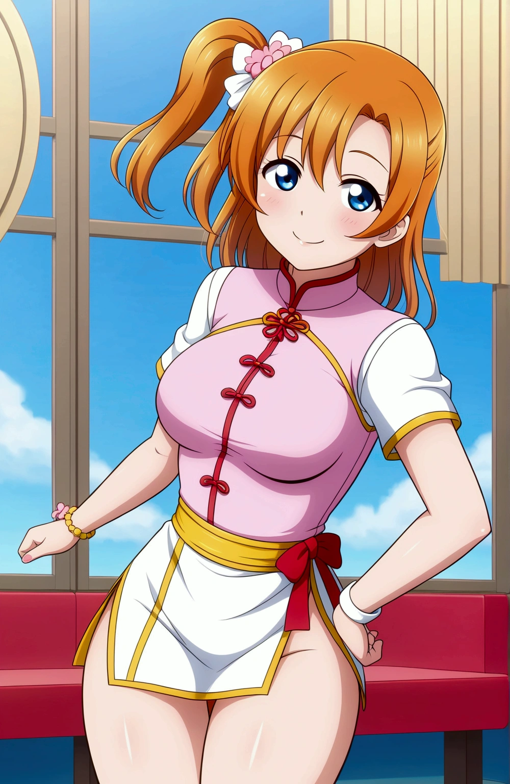 (Masterpiece, Best Quality, High Quality), professional artwork, well drawn, Intricate Details,solo,
Kousaka honoka, blue eyes, orange hair,  pink Chinese dress,short sleeves,side slits, thighs ,one wrist bracelet , standing, restaurant