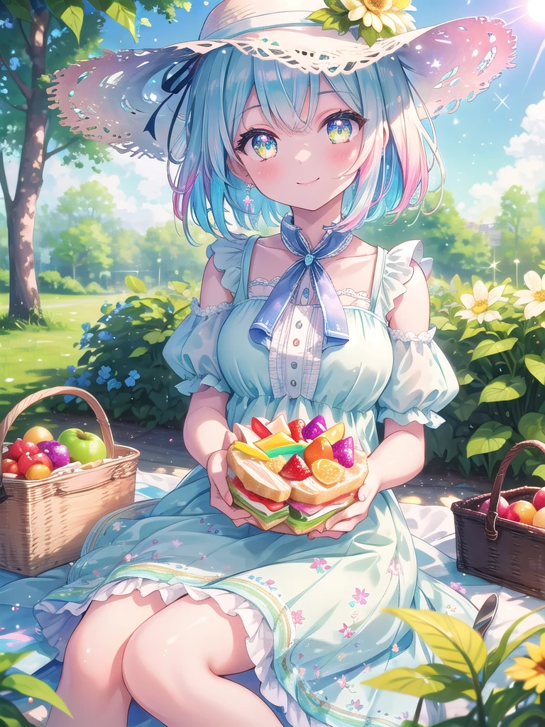 ((8k, best quality, master piece: 1.3)),super high resolution,(1 girl, solo), (colorshift eyes, hyperdetailed, expressive sparkling, glitter, glowing eyes), ultra detailed eyes, ultra-detailed face, random hair, ((pastel color)), A woman is having a picnic in a lush park. Colorful picnic sheets are spread out under the blue sky, with fruit and sandwiches laid out. She has short silver hair, a floral sundress, and a straw hat. She is smiling and relaxed as she enjoys her food, A stunning scene with a vibrant rainbow lens flare effect. The light source is positioned behind the main subject, creating a spectrum of colors that spread across the image. The light reflects off various surfaces, adding a magical and dreamy quality to the scene. The background is slightly blurred to emphasize the glowing and shimmering effect of the lens flare.