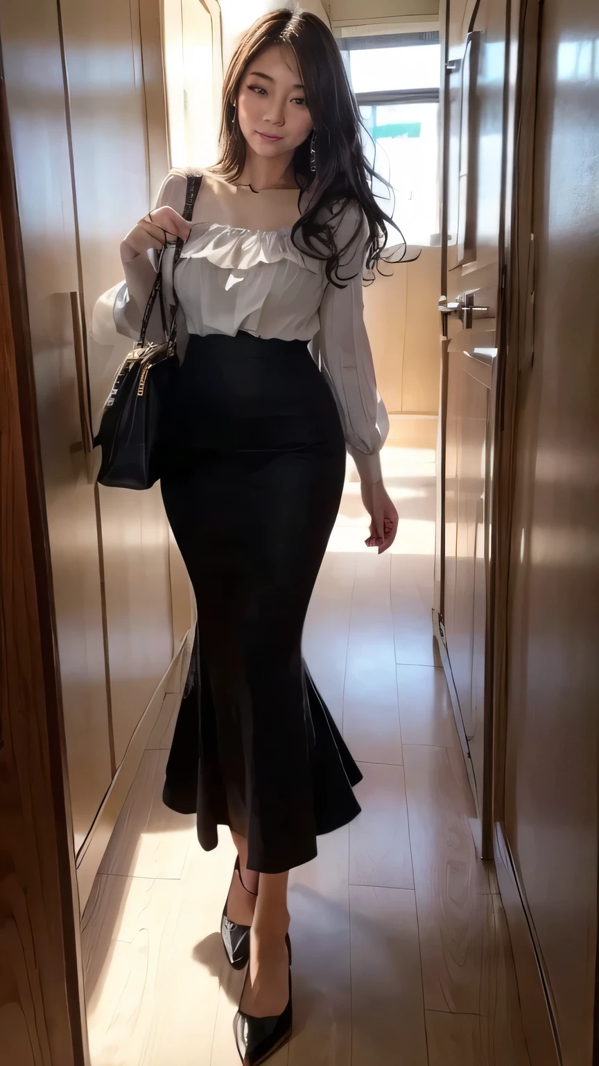 (Japan Office:1.5、Walking the hallway Multiple women、Walking the hallway2people々)、(Realistic、Like a photograph、Live Action、8k, Realistic, RAW Photos, Best image quality: 1.4), Single-lens reflex camera、RAW Photos, Highest quality, Realistic, Highly detailed CG Unity 8k wallpaper, Written boundary depth, Cinematic Light, Lens flare, Ray Tracing, Realistic background、(Ruffled blouse:1.4、Mermaid Skirt:1.4、Long skirt)、(Hold a document in your hand、Women walking and talking)、((Black straight long hair:1.1))、 woman2name,Cute Japanese women、((whole body:1.5))、I like that style、stylish、Very detailed、Pay attention to the details、Perfect outfit、(White skin)、Beautiful legs:1.1、View from the front、Accurate Arm、Anatomically correct body、Precise fingering