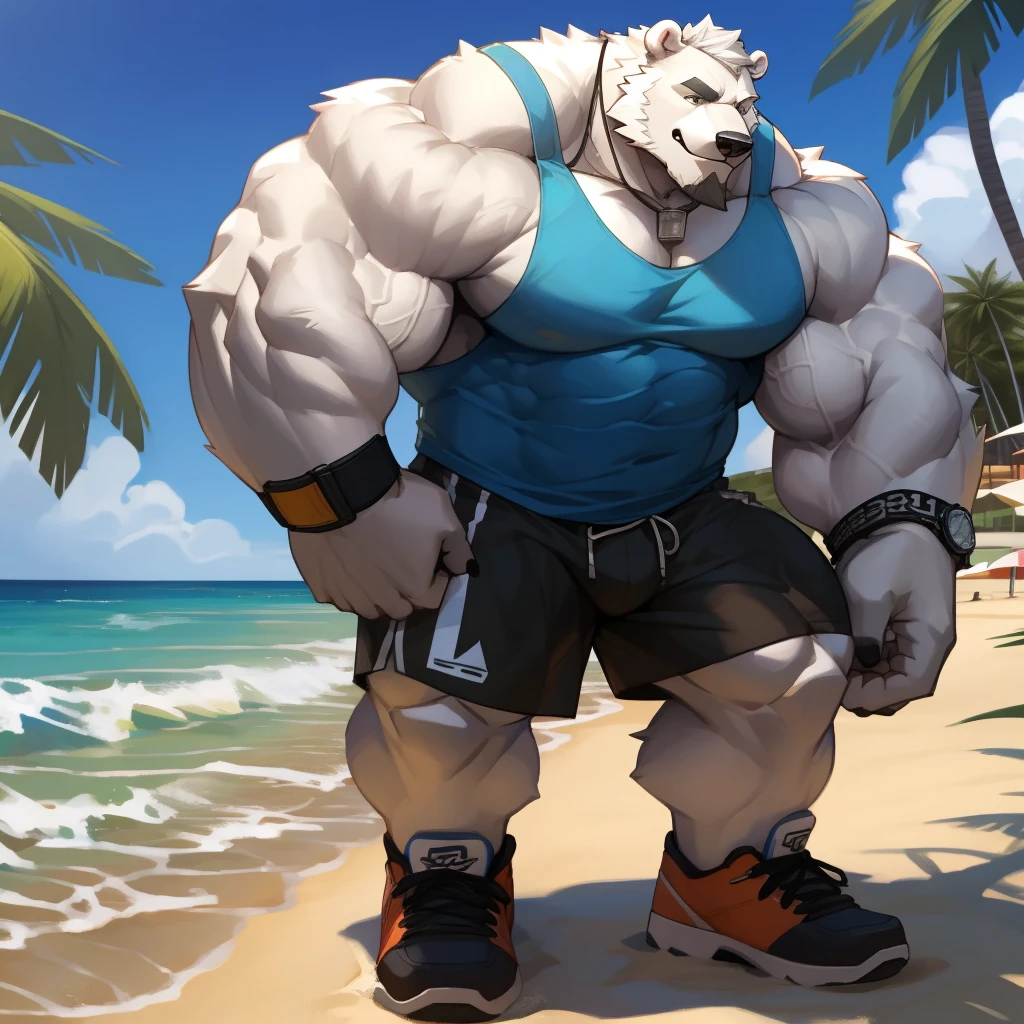 huge muscular polar bear in L.A. beach, big smile, polar bear, huge white fur, thick arm, huge arm, bearded. white hair and beard, bearded, (muscular, pectoral, wide pectoral, thick arms), beach, palm, realistic, 8k, masterpiece, deatiled eyes, (wearing black shorts, wristband, watch, blue tank top and white shoes), rumbling his chest
