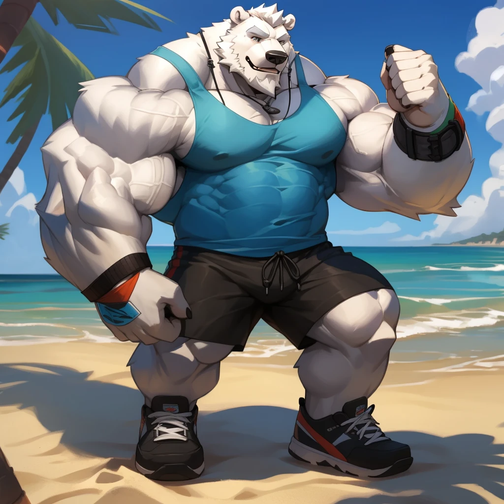huge muscular polar bear in L.A. beach, big smile, polar bear, huge white fur, thick arm, huge arm, bearded. white hair and beard, bearded, (muscular, pectoral, wide pectoral, thick arms), beach, palm, realistic, 8k, masterpiece, deatiled eyes, (wearing black shorts, wristband, watch, blue tank top and white shoes), rumbling his chest