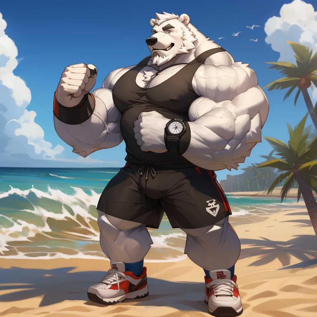 huge muscular polar bear in L.A. beach, big smile, polar bear, huge white fur, thick arm, huge arm, bearded. white hair and beard, bearded, (muscular, pectoral, wide pectoral, thick arms), beach, palm, realistic, 8k, masterpiece, deatiled eyes, (wearing black shorts, wristband, watch, blue tank top and white shoes), rumbling his chest