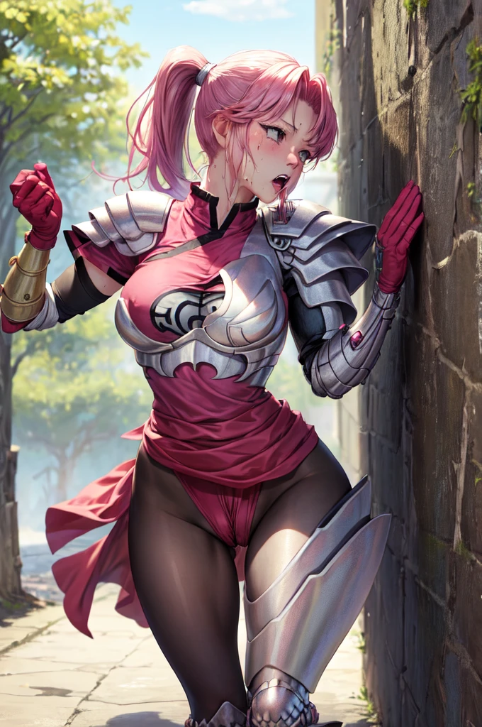 (masterpiece:1.2), high quality, high resolution, armorMaam, ponytail, armored dress, armor, armored legwear, single gauntlet, bra, pantyhose, nsfw,(ecstasy:1.3) ,(slut:1.2),(vulgarity:1.3),(fucked silly:1.1),(steam:1.1),(wet:0.8),(trembling:0.8),(tears:0.7) ,(drooling:0.6),(sweat:0.8), slender
