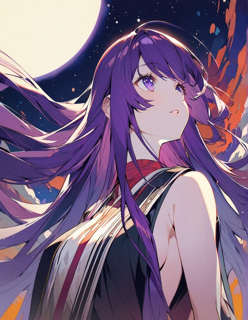 Profile of a brave purple-haired long-haired girl, side boob exposed　Screentone processing　Looking up at the moon　Shaded painting style

