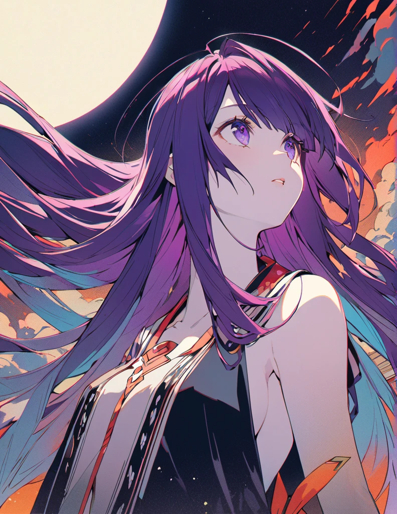 Profile of a brave purple-haired long-haired girl, side boob exposed　Screentone processing　Looking up at the moon　Shaded painting style
