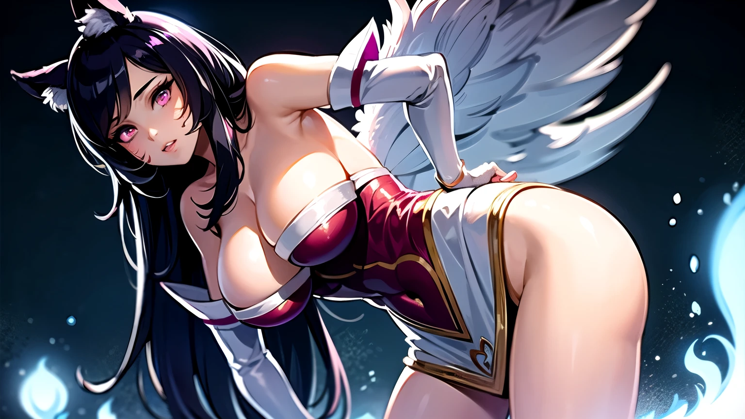 ((best qualityer)), ((work of art)), (detailded), ((best qualityer)), ((work of art)), (detailded), ombro to ombro sweater, photo realist, high resolution, 1 women, mature woman, standing alone, hips up, purples eyes, cuddly, ahri (League of Legends), pink hair, mitts, long hair, thicc thighs, overskirt, elbow mitts, hand on hip, bared shoulders, standing alone, wings, White mitts, breastsout, pink eyes, bangss, magic, ornament hair, posse sexy, sexyposture, very sensual