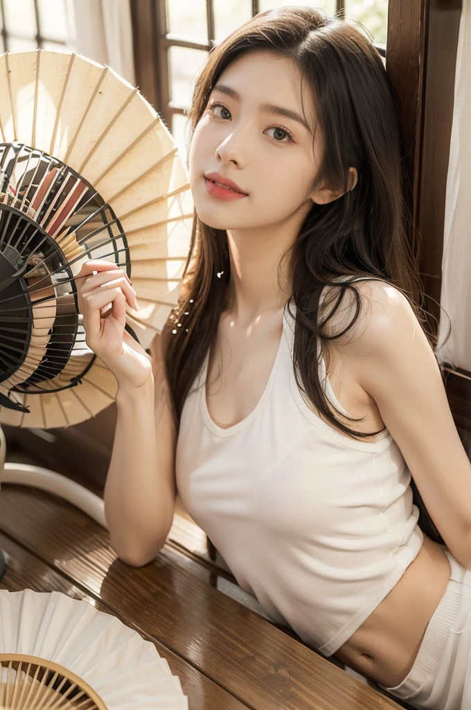 (((best quality))),(((ultra detailed))),(((masterpiece))),illustration,((1 stunning girl,solo)),(shoulder length straight hair:1.2),((slim,thin)),((small breasts,flat chest)),serene Japanese countryside setting,summer heat,(white tank top:1.3),(white shorts:1.3),(sweat:1.5),(slender legs:1.2),intense heat,spirits,tranquil ambiance,traditional Japanese rural home,slatted windows,gentle breeze,straw mat,large juicy watermelon,refreshment,summer heat,(electric fan:1.2),calming breeze,sun-kissed skin,radiant smile,joy,beauty,simple pleasures,hot summer day,Japanese rural retreat,tranquility,resilience,((from front,upper body))