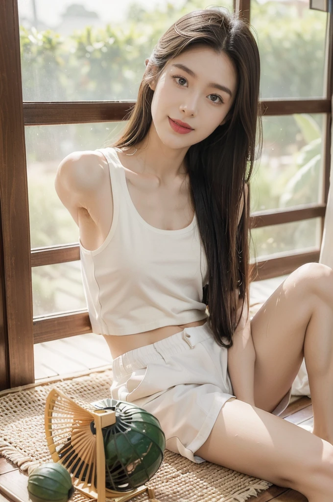 (((best quality))),(((ultra detailed))),(((masterpiece))),illustration,((1 stunning girl,solo)),(shoulder length straight hair:1.2),((slim,thin)),((small breasts,flat chest)),serene Japanese countryside setting,summer heat,(white tank top:1.3),(white shorts:1.3),(sweat:1.5),(slender legs:1.2),intense heat,spirits,tranquil ambiance,traditional Japanese rural home,slatted windows,gentle breeze,straw mat,large juicy watermelon,refreshment,summer heat,(electric fan:1.2),calming breeze,sun-kissed skin,radiant smile,joy,beauty,simple pleasures,hot summer day,Japanese rural retreat,tranquility,resilience,((from front,upper body))