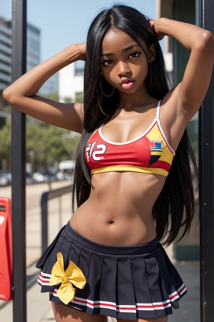 1 hot girl, dark skin, black eyes, ahegao, african, long hair, school girl, young teen, small breasts, navel, exposing clothes, cheerleader, hand behind head, armpits, tight body, big lips, tongue out