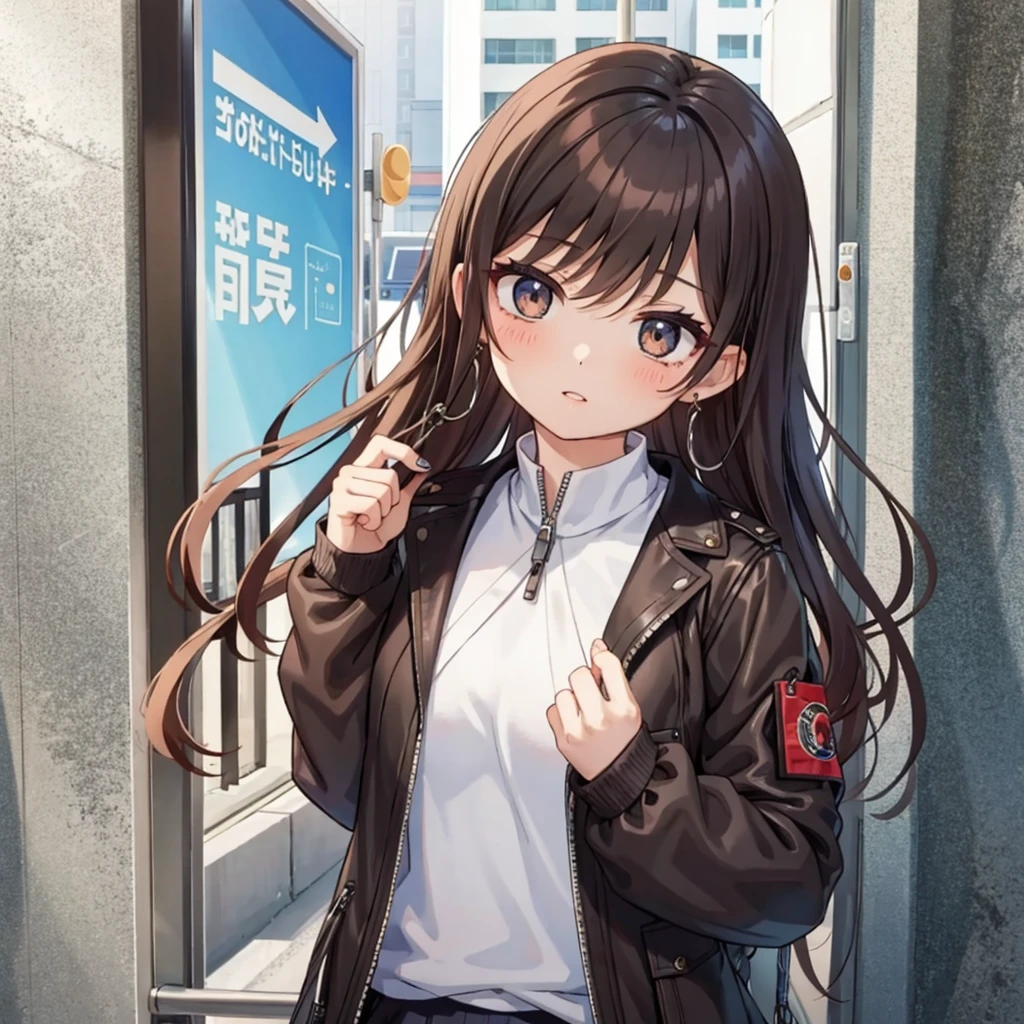 Characterful,, , 1 Girl, Ahog, Bangs, black skirt, black sweater, Blue nails, Vague, Vague background, breast, Brown eyes, Brown hair, brown jacket, Shut up, Outdated, sky, Depth of Field, earrings, eyelash, hands up, Head tilt, jacket, Jewelry, Long hair, Long sleeve, Looking at the audience, medium breast, Nail polish, Open clothes, open jacket, outdoor, Pursed lips, Tuck your shirt into your pants, Side lock, skirt, Sleeves over wrists, Solitary, sweater, Upper Body, zipper, , , ((masterpiece)), ,
