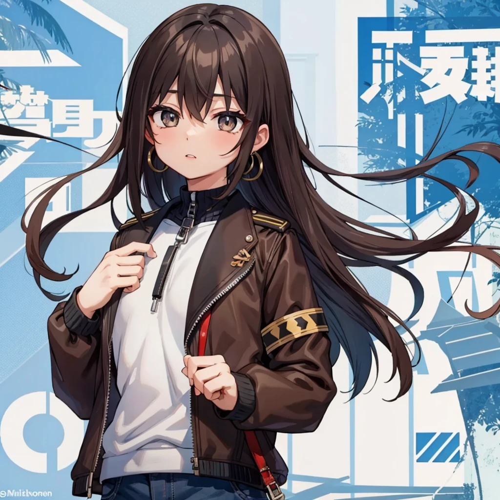 Characterful,, , 1 Girl, Ahog, Bangs, black skirt, black sweater, Blue nails, Vague, Vague background, breast, Brown eyes, Brown hair, brown jacket, Shut up, Outdated, sky, Depth of Field, earrings, eyelash, hands up, Head tilt, jacket, Jewelry, Long hair, Long sleeve, Looking at the audience, medium breast, Nail polish, Open clothes, open jacket, outdoor, Pursed lips, Tuck your shirt into your pants, Side lock, skirt, Sleeves over wrists, Solitary, sweater, Upper Body, zipper, , , ((masterpiece)), , 