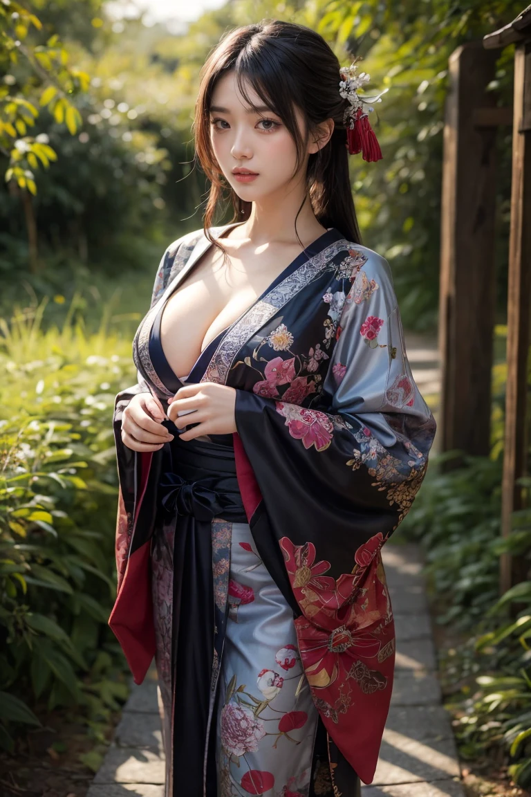 Seductive and mysterious girl with long black hair, Big Breasts:1.0, Slanderous Body, Dress in traditional Japan costumes, Standing in the moonlit forest. This illustration was inspired by the manga series character Ragawa Kiriko.。 "Akatsuki no Yona". The artwork is highly detailed and realistic, The intricate patterns of the kimono and soft lighting. Created by artist WLOP using digital painting techniques. (Concept Art, 4K resolution)