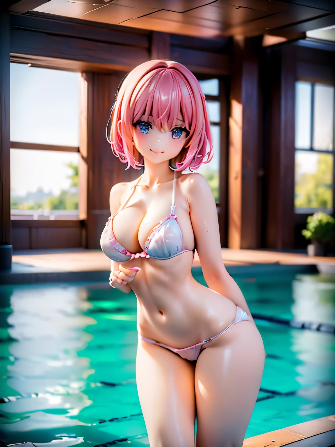 Tabletop、Highest quality、shape、Very detailed、High resolution、8k wallpaper、完璧なダイナミックな構shape、Beautiful and exquisite Idium hair、Natural color lip, Random sexy poses,smile、の少女、cute、(Highest quality:1.3)、(masterpiece:1.3)、(The Very detailed:1.3)、(wall-, One Girl、13 years oldate hands and fingers:1.2)、(Detailed super oily shiny skin:1.1)、Beautiful oiled thighs in a bra、Panties:1.4)、(Pink and white stripes々bra、Pink and white stripes々のPanties)、Sensual body、Brown hair head、(Beautiful big boobs:1.ending、Beautiful sister、( Are standing:1.2)、Pool、Head-in Pose、smile