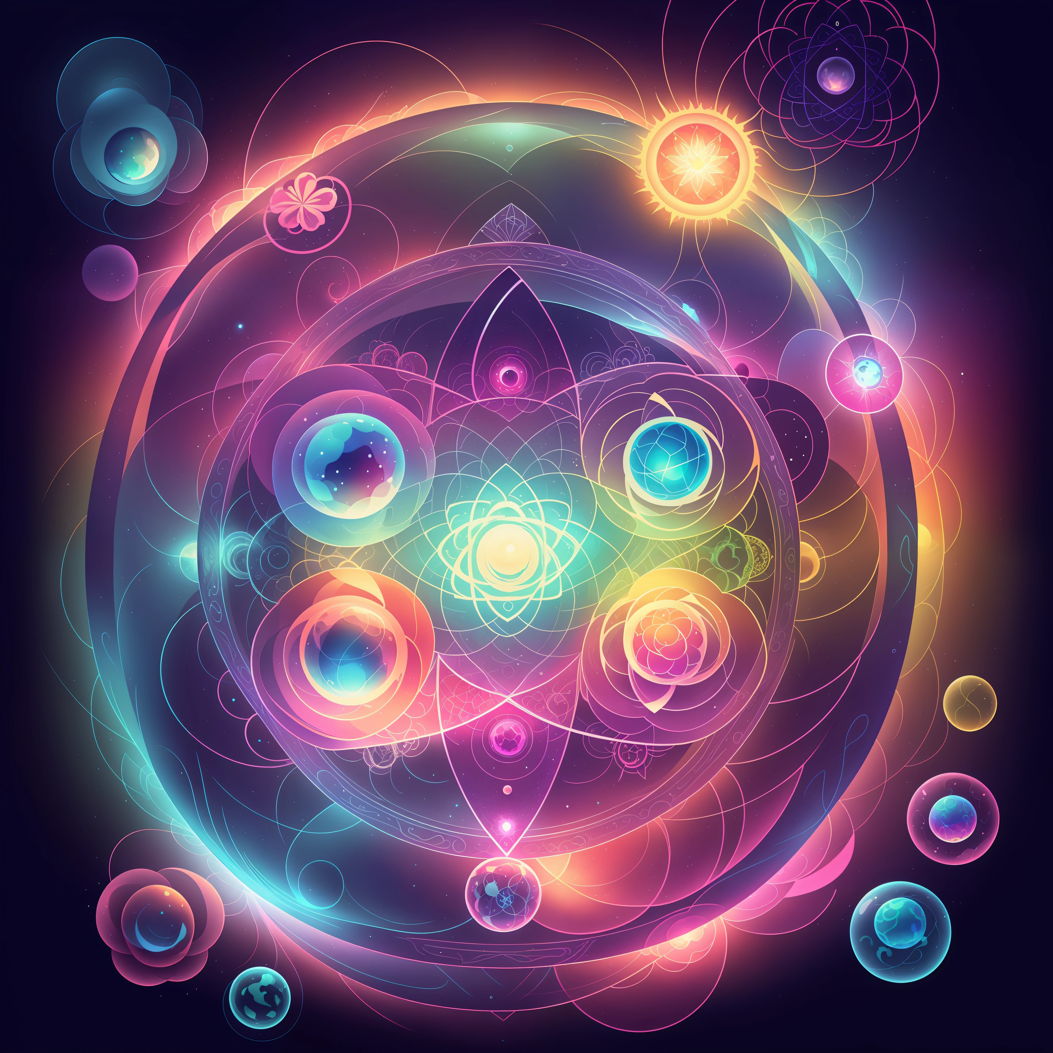 a close up of a glass with a flower inside of it, the nucleus, atom, torus energy, digital illustration radiating, akashic, alchemical, energy spheres, quantum deep magic, quantum, ajna chakra, energy core, sacred fractal structures, alchemical still, alchemic, luminous nebula, within radiate connection, sacred geometry melting --auto --s2