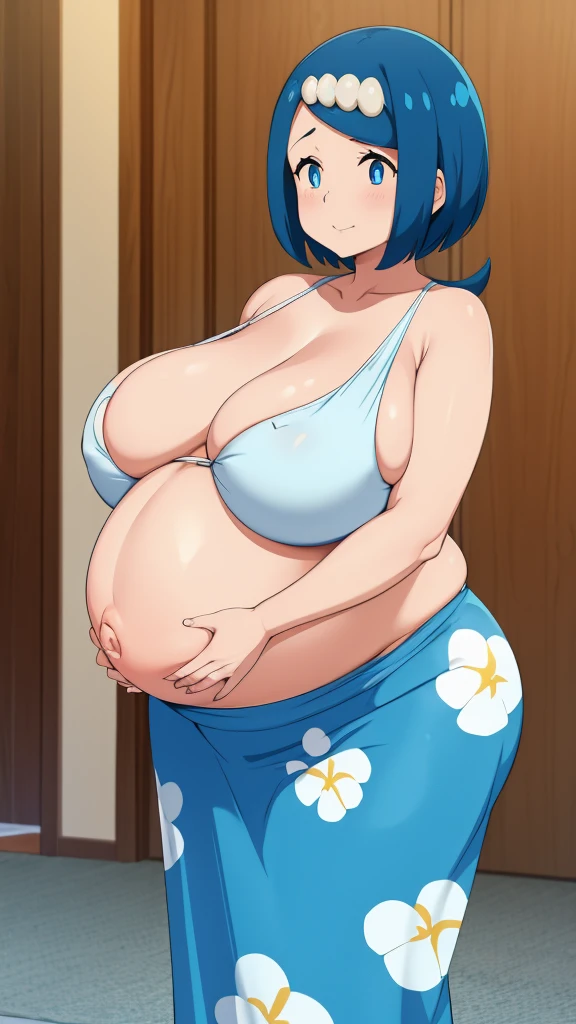 Sexy Hawaiian Girl, beautiful, Large Breasts, beautiful, Bright blue hair, Round Cut, Her blue eyes, She wears a white shirt, Showing your belly button, Blue long skirt. Huge Pregnancy ,Big Belly , Abdomen protruding forward, Belly bigger than chest