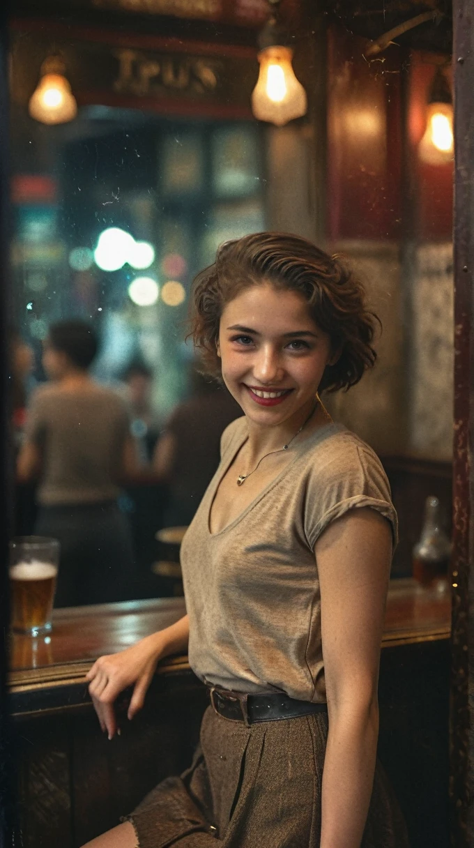 35mm. Vintage French style, female , full body, 18 years old, scrawny, Anorexia, small breasts, dirty t-shirt, Cheerful smile, 1920s bar in Paris, low light, exquisite, (best quality,4K,8ก,height,Masterpiece:1.2),Very detailed,(realistic,photorealistic,photo-realistic:1.37),HDR,UHD,studio lighting,ภาพวาดที่Very detailed,Sharp focus,Physical rendering,คำอธิบายรายVery detailed,professional,bright colors,Bokeh,portrait photography