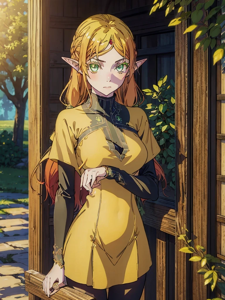 tsundereelf, tsundere elf, long hair, blonde hair, (green eyes:1.5), pointy ears, elf, multicolored hair, forehead jewel, BREAK long sleeves, turtleneck bodysuit, pantyhose, sweater, (black sweater:1.2), dress, (yellow dress:1.5), BREAK outdoors, forest, nature, sun, sky, clouds, BREAK looking at viewer, (cowboy shot:1.5), BREAK (masterpiece:1.2), best quality, high resolution, unity 8k wallpaper, (illustration:0.8), (beautiful detailed eyes:1.6), extremely detailed face, perfect lighting, extremely detailed CG, (perfect hands, perfect anatomy),