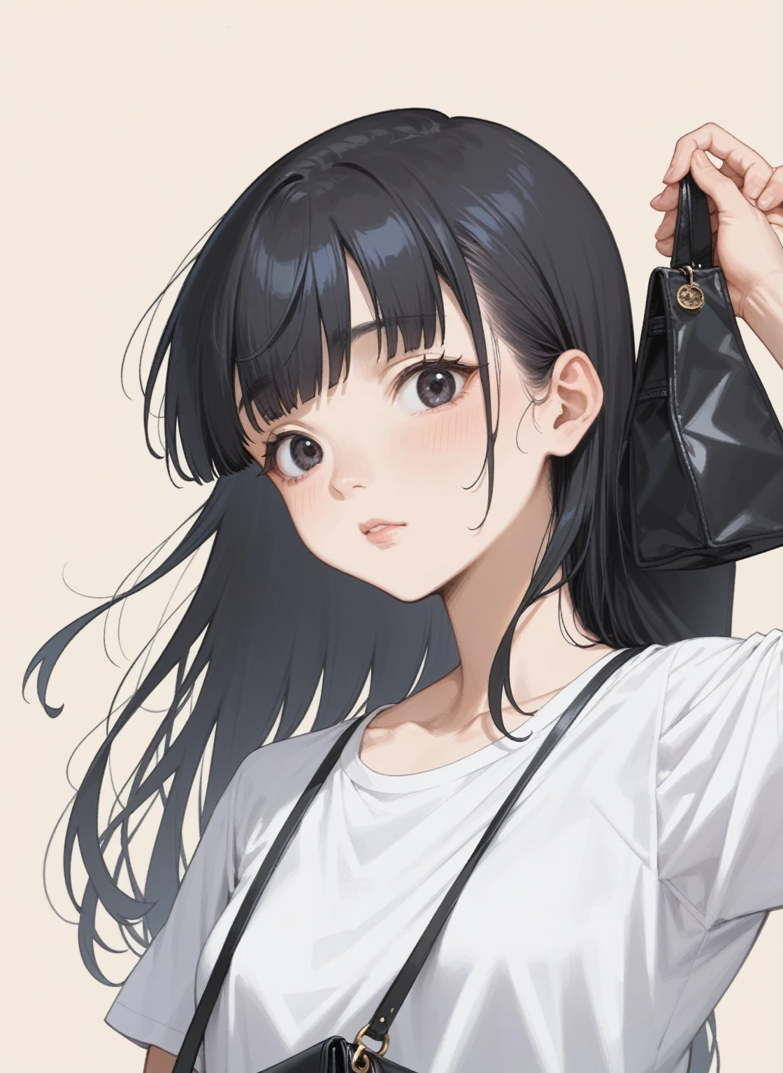 anime girl with long black hair and white shirt holding a black purse, anime moe artstyle, flat anime style shading, anime visual of a cute girl, in an anime style, style of junji ito, in anime style, anime portrait of shiina ringo, vector shaded anime, cel shaded anime, junji ito 4 k, anime girl with long hair