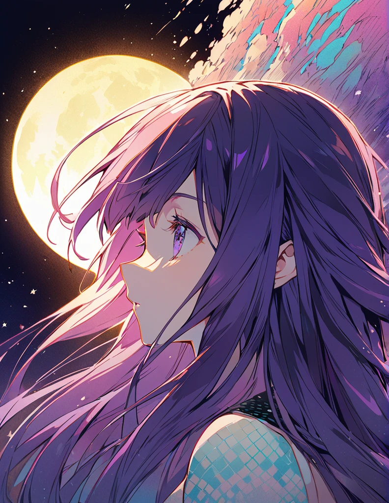 Profile of a brave purple-haired long-haired girl, side boob exposed Screentone processing Looking up at the moon Shaded painting style