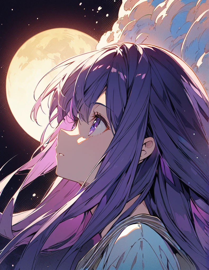 Profile of a brave purple-haired long-haired girl, side boob exposed　Screentone processing　Looking up at the moon　Shaded painting style　