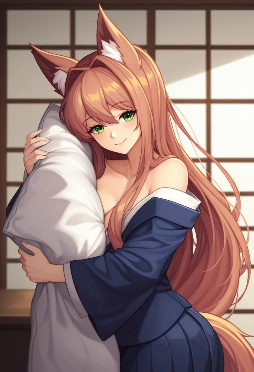 ((masterpiece, best quality:1.2))((coral brown hair))((emerald green eyes)),solo,1girl,monika(doki doki literature club),(standing_fox_ears),(fluffy_fox_tail), (girly_clothing, japanese_clothing), ((sleeping_clothing)), (not sexual pose), (smile expression), (close up photo)