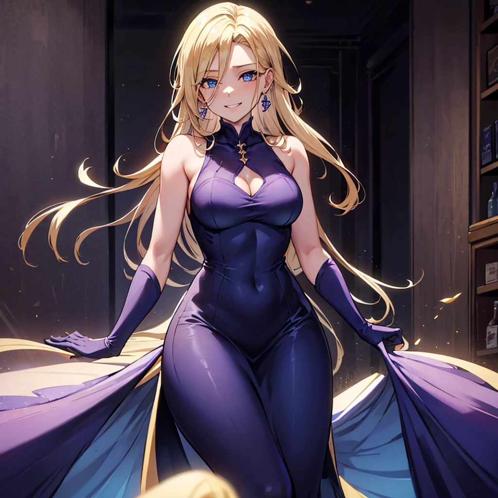 1 girl, breasts big, hourglass-body, gazing at viewer, high resolution, blue colored eyes, Laughter, hair blonde, very long hair, hair slicked back, Hair over the shoulder, loose hair, flushed, Laughter, make up, slightly-smile, excited face, anime styling, short purple sleeveless dress, necklace with small blue pigment, fully body, background dentro do shopping, many people, during daytime, clear lighting