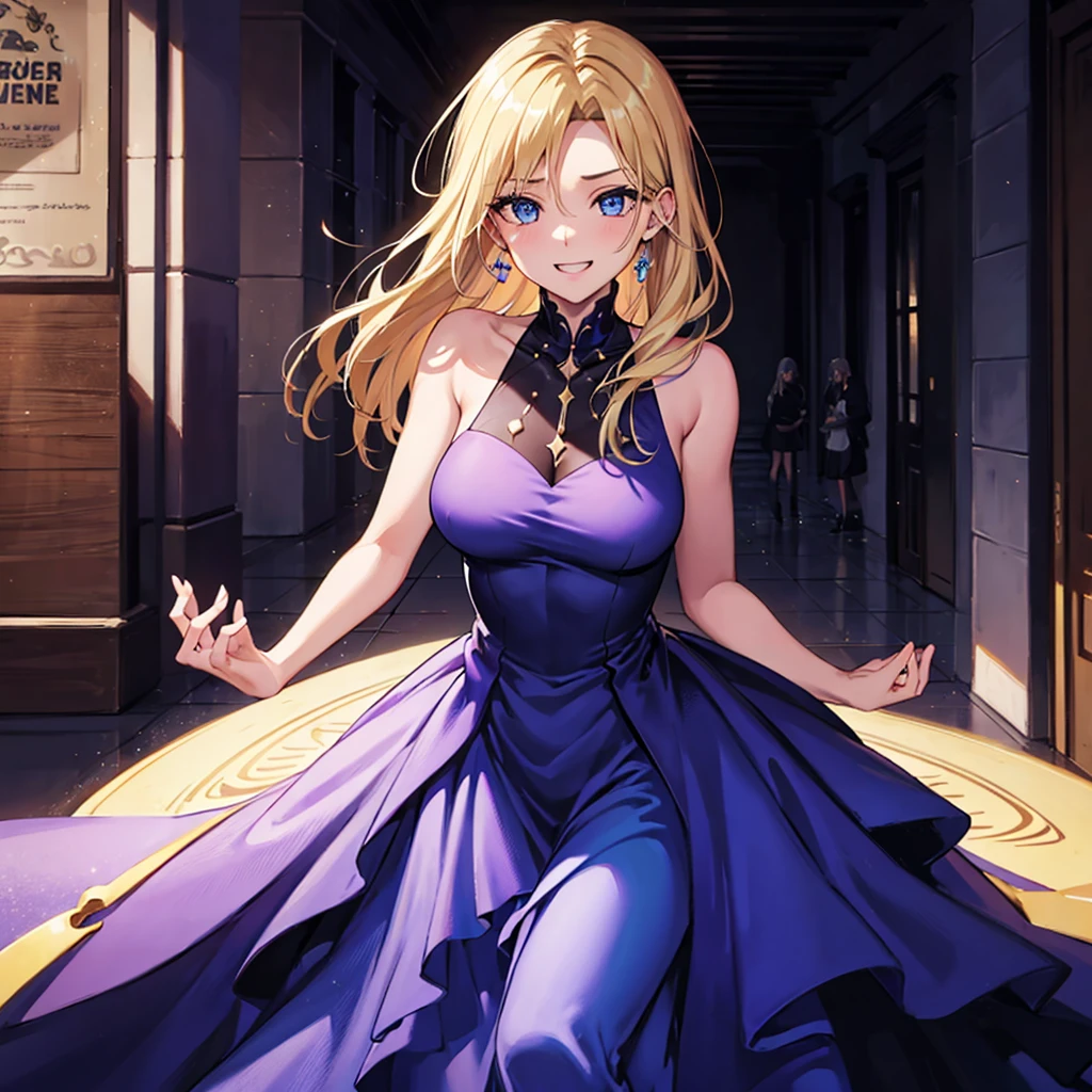 1 girl, breasts big, hourglass-body, gazing at viewer, high resolution, blue colored eyes, Laughter, hair blonde, very long hair, hair slicked back, Hair over the shoulder, loose hair, flushed, Laughter, make up, slightly-smile, excited face, anime styling, short purple sleeveless dress, necklace with small blue pigment, fully body, background dentro do shopping, many people, during daytime, clear lighting