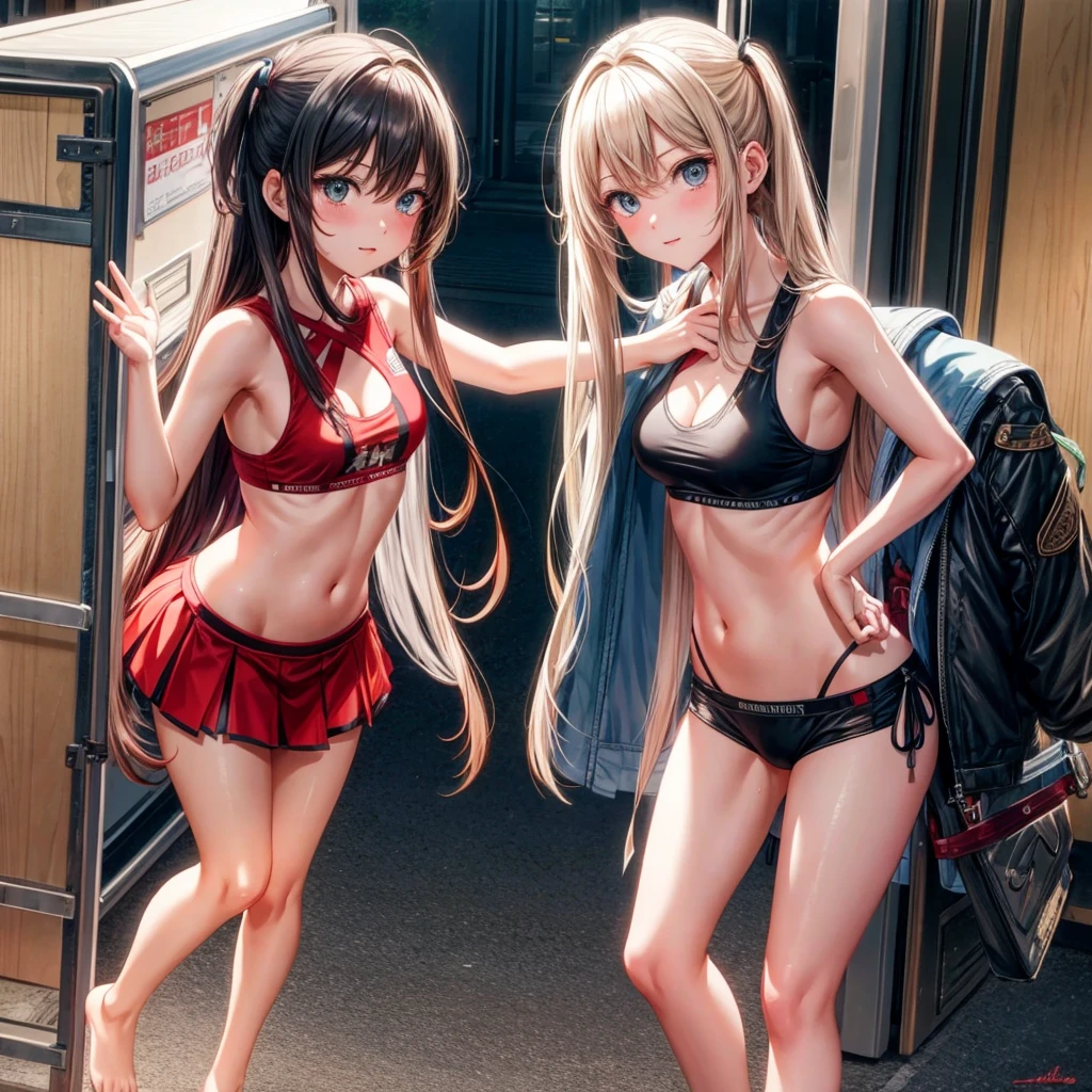 Practical, Two girls looking at each other, Long Shot, 1 Petite women (permanent) Wearing a bikini, Long hair, barefoot, 1 mini giantess minigts woman (Feminization, Thin body, Sexy, The clothes are torn, Sweat), (Medium breasts: 1.5) look down, Dynamic poses, Wearing a vest, Scenes involving two women, Pay attention to height differences, couple, skirt, Anxious expression (Highly refined skin),  Delicate face, 8K Ultra HD, Soft lighting, high quality, Full body portrait.